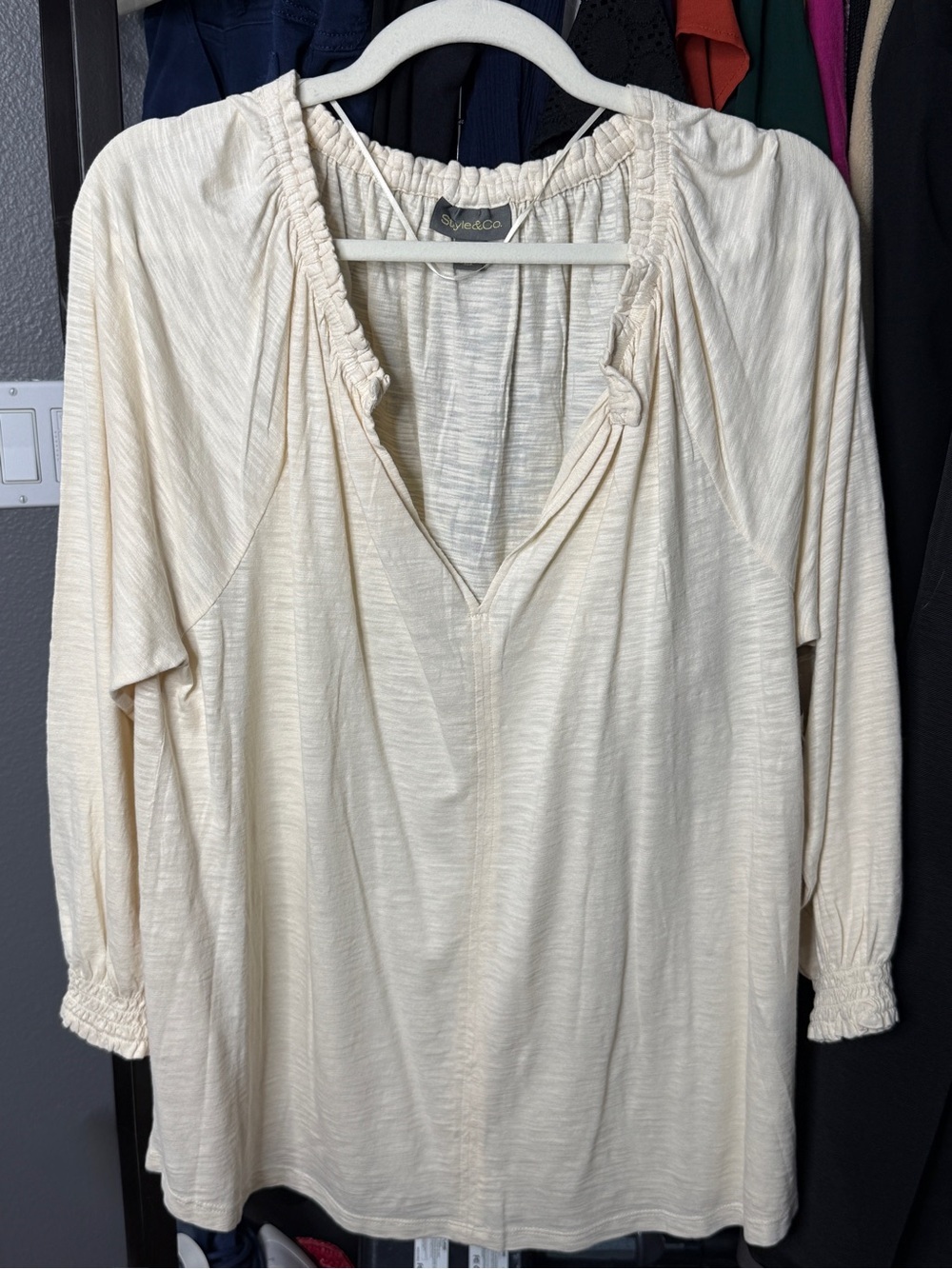 STYLE & CO., BOHO V-neck Ruffle Trim Loose Fit Lightweight Light Cream Color NWT